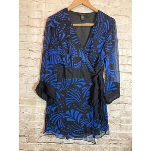 Silkland Wrap Dress Womens Large Silk Cobalt & Black Retro Kimono Style Tie